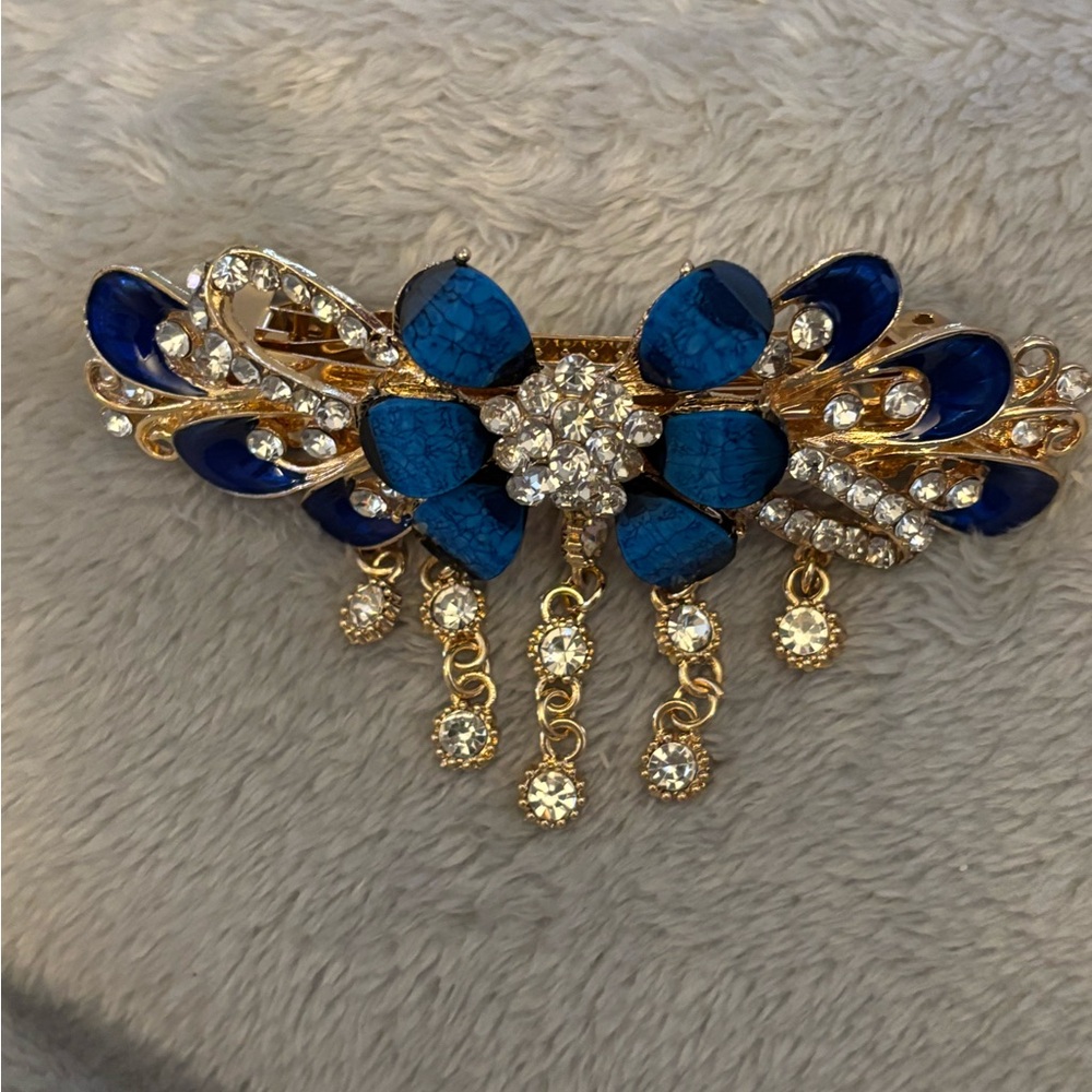 Chic Blue and Gold Rhinestone Hair Clip